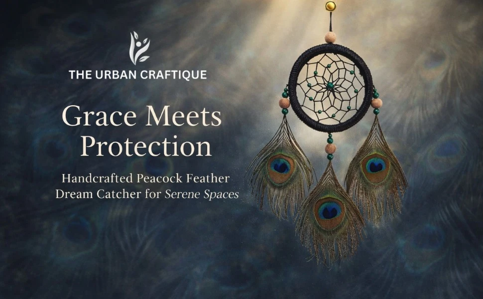 THE URBAN CRAFTIQUE Handcrafted Peacock Feather Dream Catcher – 30cm Small Wall Hanging for Home Decor, Bedroom & Positive Vibes A+ content image