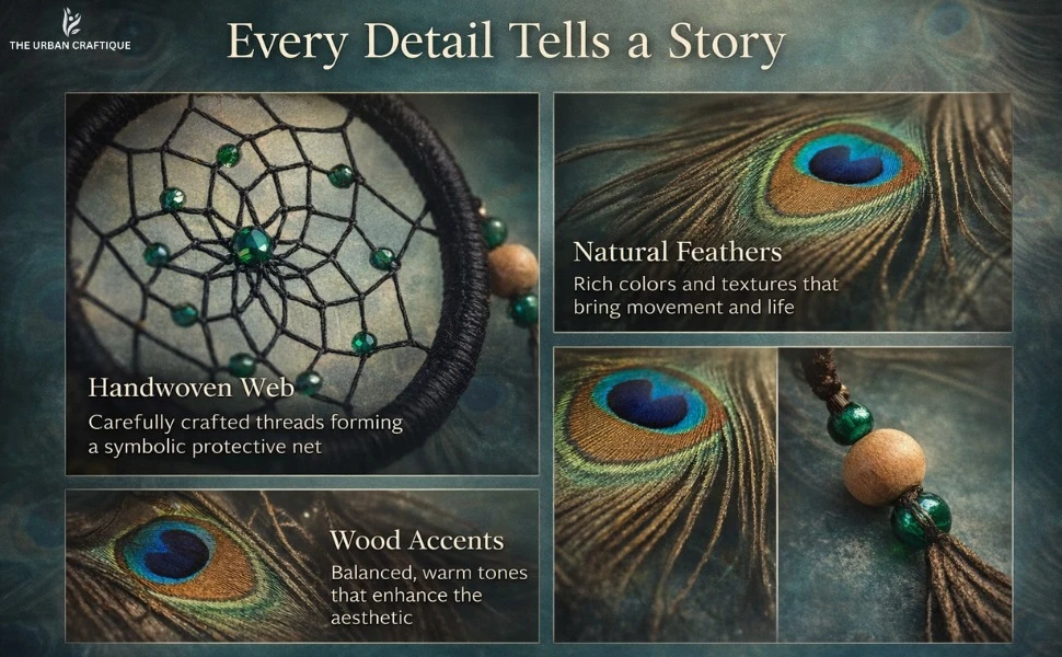 THE URBAN CRAFTIQUE Handcrafted Peacock Feather Dream Catcher – 30cm Small Wall Hanging for Home Decor, Bedroom & Positive Vibes A+ content image