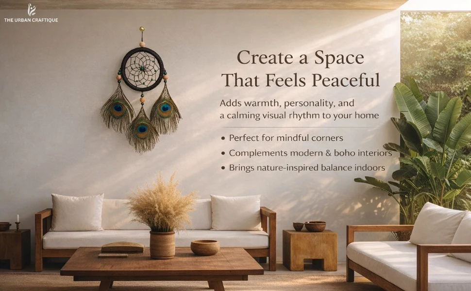 THE URBAN CRAFTIQUE Handcrafted Peacock Feather Dream Catcher – 30cm Small Wall Hanging for Home Decor, Bedroom & Positive Vibes A+ content image