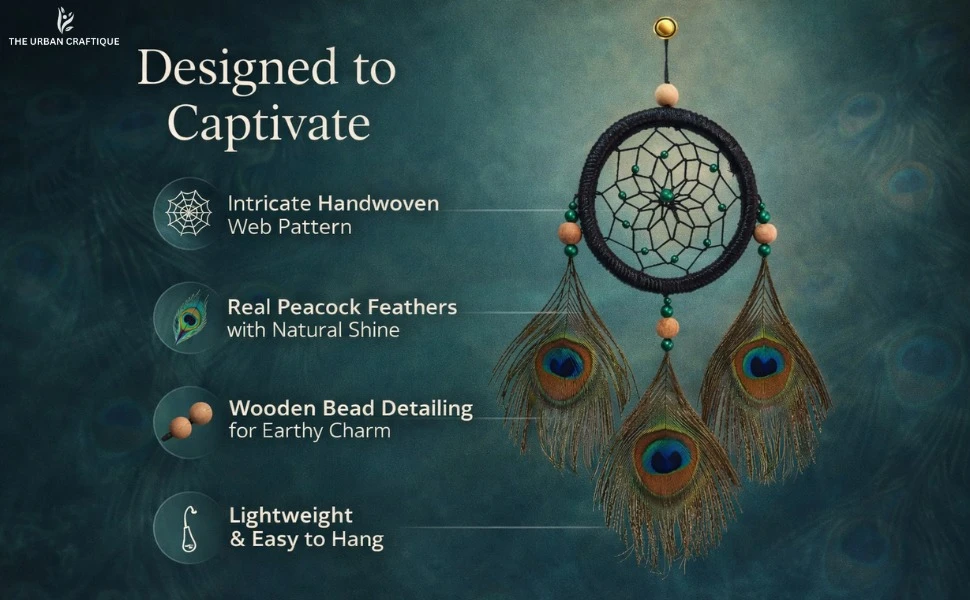 THE URBAN CRAFTIQUE Handcrafted Peacock Feather Dream Catcher – 30cm Small Wall Hanging for Home Decor, Bedroom & Positive Vibes A+ content image
