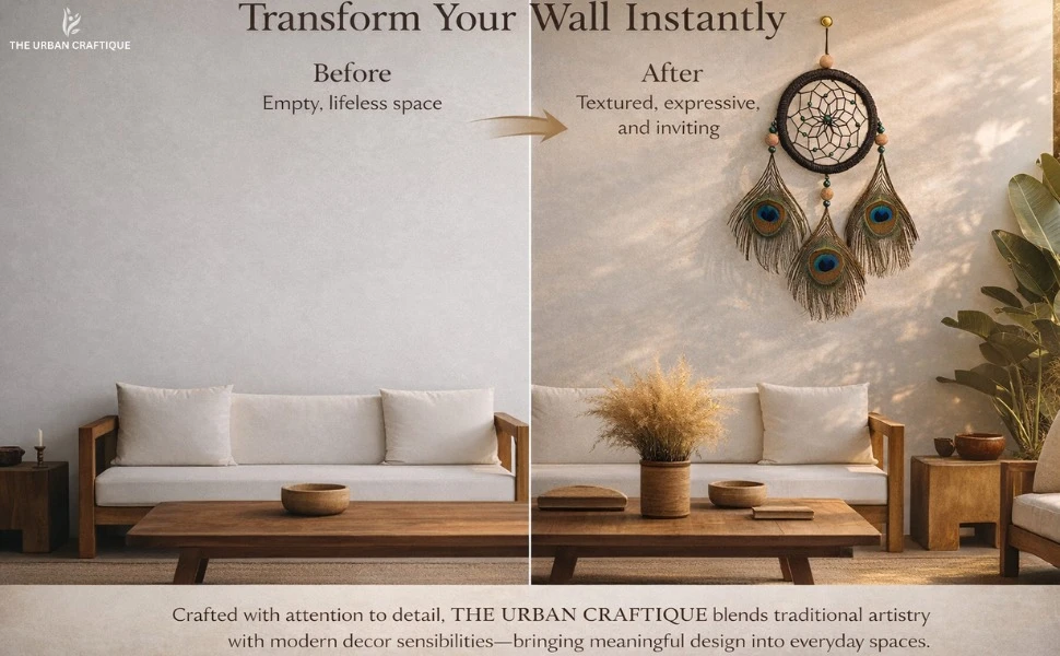 THE URBAN CRAFTIQUE Handcrafted Peacock Feather Dream Catcher – 30cm Small Wall Hanging for Home Decor, Bedroom & Positive Vibes A+ content image