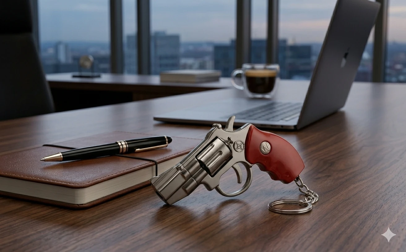 3-in-1 Tactical Miniature Revolver Keychain – Integrated Red Laser Pointer & Bright LED Flashlight – Premium Metal Alloy Collectible with Realistic Red Grip A+ content image