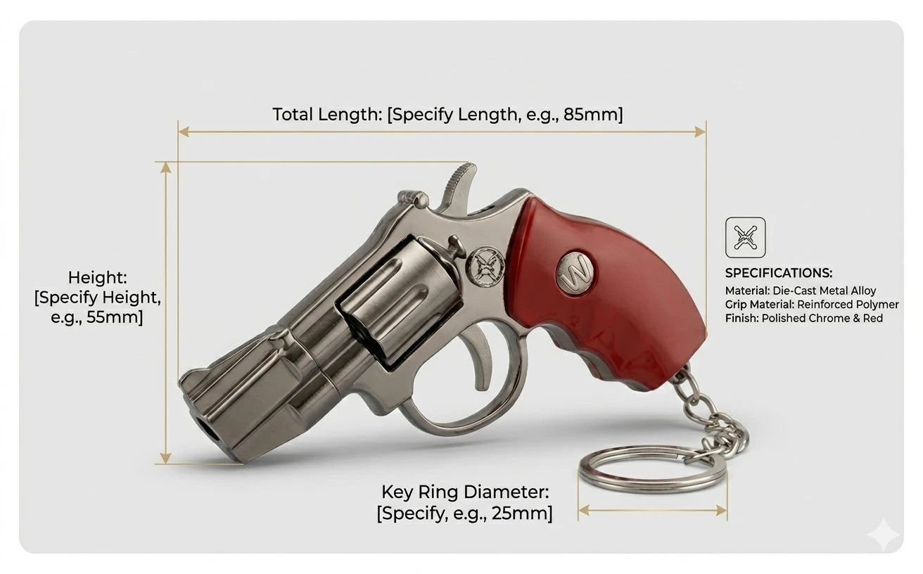 3-in-1 Tactical Miniature Revolver Keychain – Integrated Red Laser Pointer & Bright LED Flashlight – Premium Metal Alloy Collectible with Realistic Red Grip A+ content image