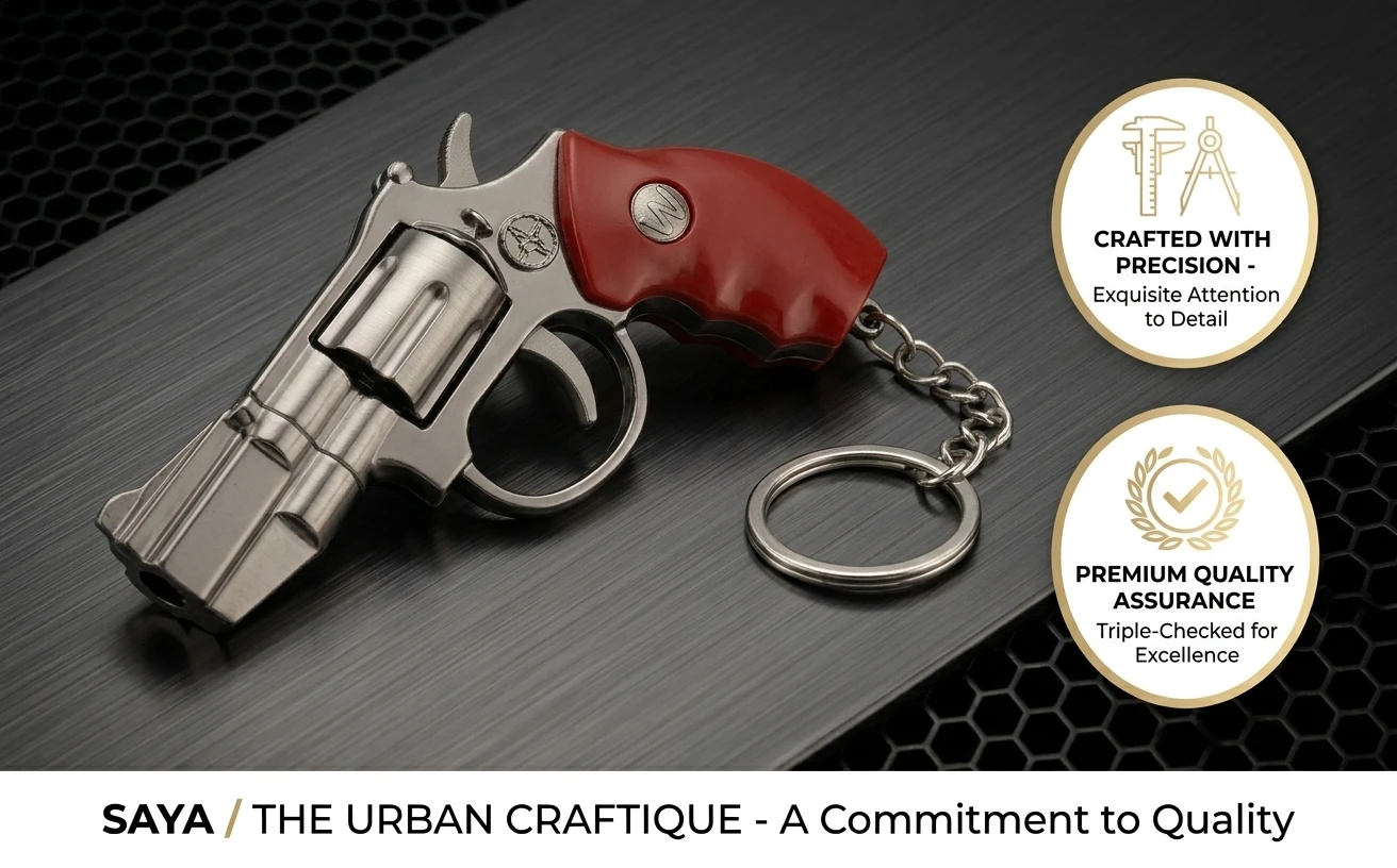 3-in-1 Tactical Miniature Revolver Keychain – Integrated Red Laser Pointer & Bright LED Flashlight – Premium Metal Alloy Collectible with Realistic Red Grip A+ content image