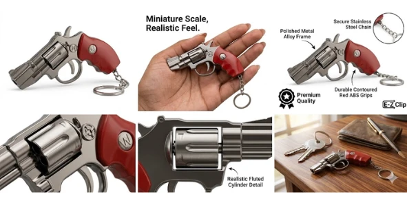 3-in-1 Tactical Miniature Revolver Keychain – Integrated Red Laser Pointer & Bright LED Flashlight – Premium Metal Alloy Collectible with Realistic Red Grip A+ content image