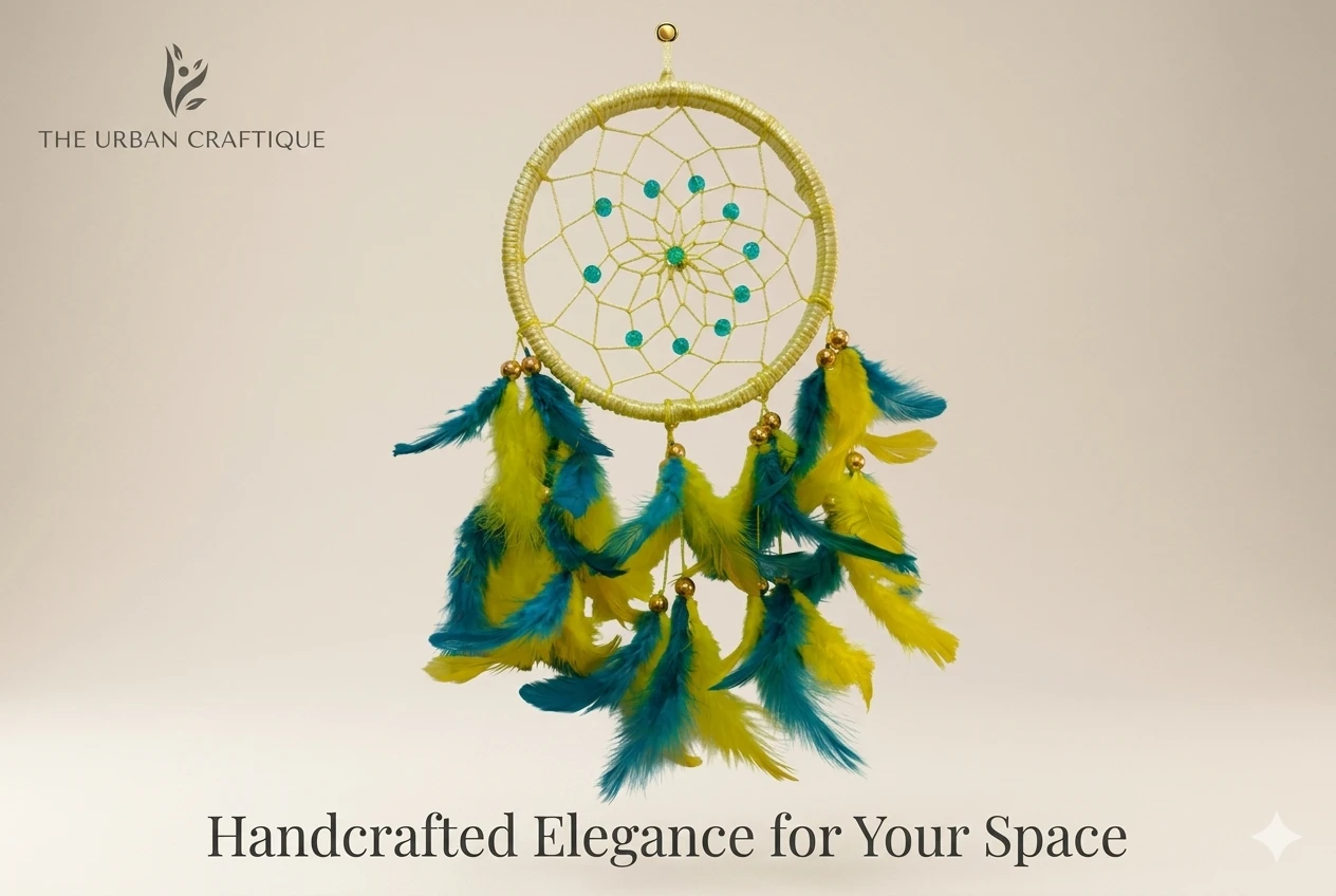 THE URBAN CRAFTIQUE Handcrafted Yellow & Teal Dream Catcher | Premium Feather Wall Hanging | Boho Home & Car Decor | Gift Item A+ content image