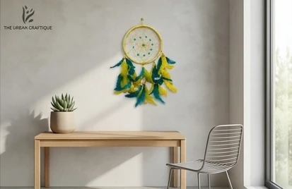 THE URBAN CRAFTIQUE Handcrafted Yellow & Teal Dream Catcher | Premium Feather Wall Hanging | Boho Home & Car Decor | Gift Item A+ content image