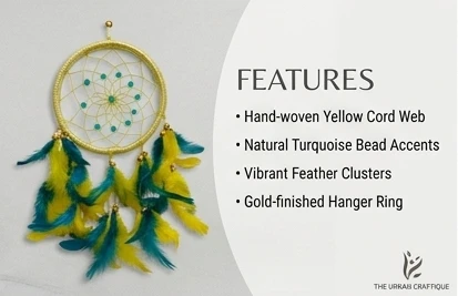THE URBAN CRAFTIQUE Handcrafted Yellow & Teal Dream Catcher | Premium Feather Wall Hanging | Boho Home & Car Decor | Gift Item A+ content image
