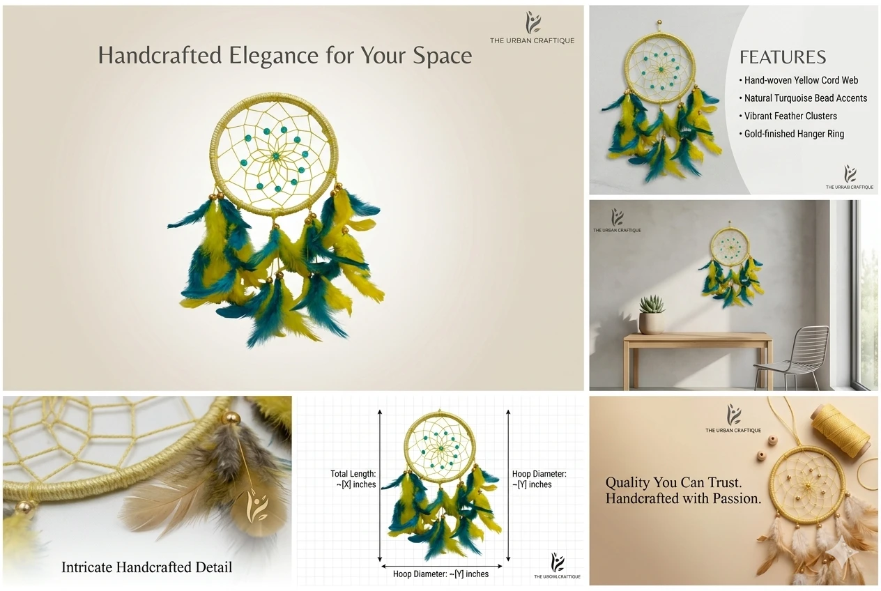 THE URBAN CRAFTIQUE Handcrafted Yellow & Teal Dream Catcher | Premium Feather Wall Hanging | Boho Home & Car Decor | Gift Item A+ content image