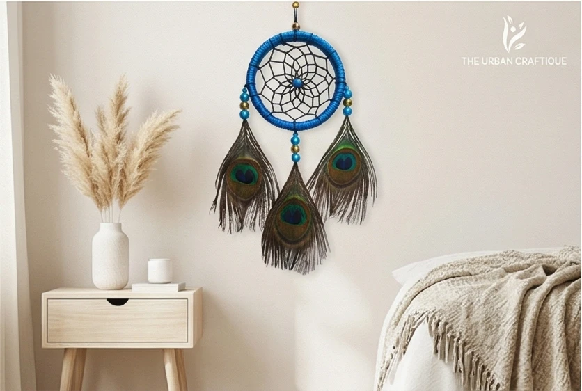 THE URBAN CRAFTIQUE Handcrafted Green Peacock Feather Dream Catcher | Car Hanging & Wall Hanging | Boho Home Decor | Positive Energy Decor A+ content image