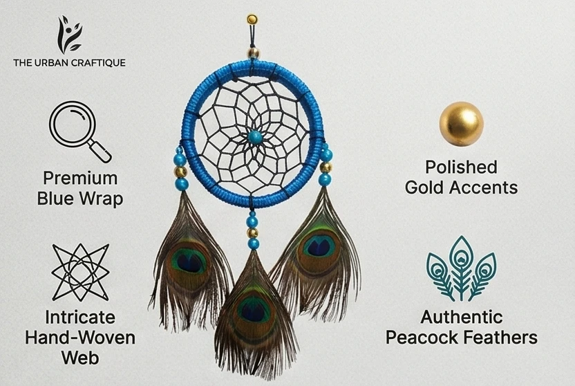 THE URBAN CRAFTIQUE Handcrafted Green Peacock Feather Dream Catcher | Car Hanging & Wall Hanging | Boho Home Decor | Positive Energy Decor A+ content image