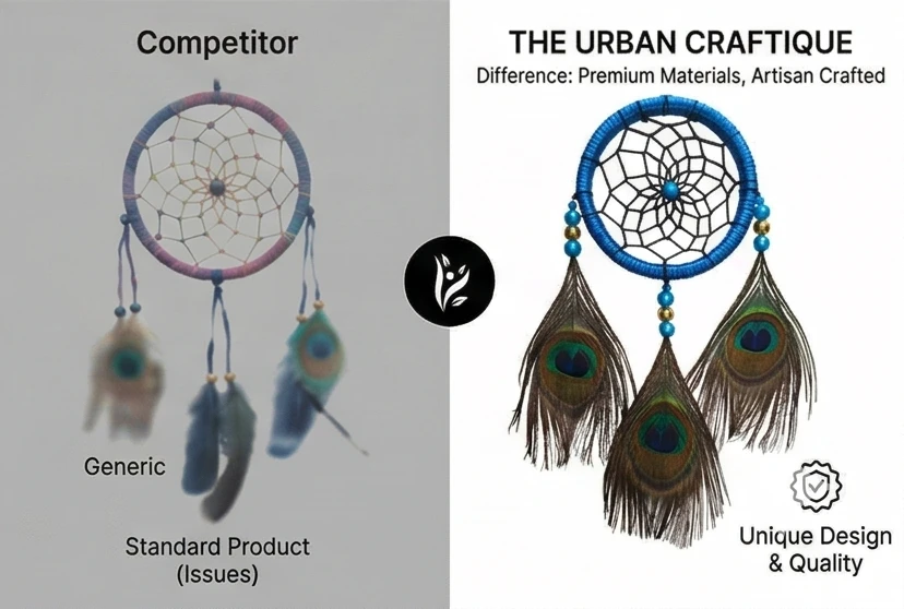 THE URBAN CRAFTIQUE Handcrafted Green Peacock Feather Dream Catcher | Car Hanging & Wall Hanging | Boho Home Decor | Positive Energy Decor A+ content image