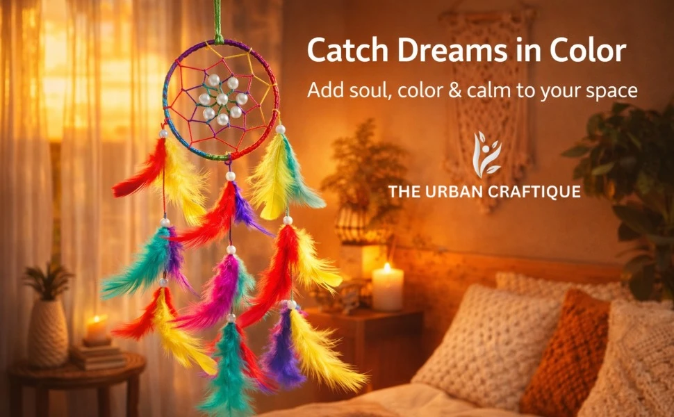 THE URBAN CRAFTIQUE Multicolor Handmade Dream Catcher | Boho Wall Hanging & Car Decor | Feather Hanging for Home & Gifting A+ content image