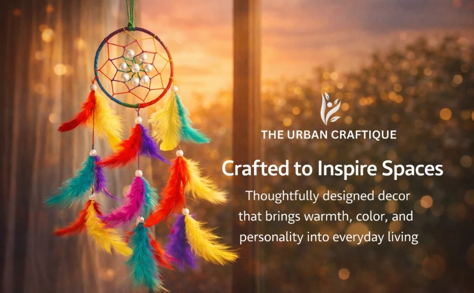 THE URBAN CRAFTIQUE Multicolor Handmade Dream Catcher | Boho Wall Hanging & Car Decor | Feather Hanging for Home & Gifting A+ content image