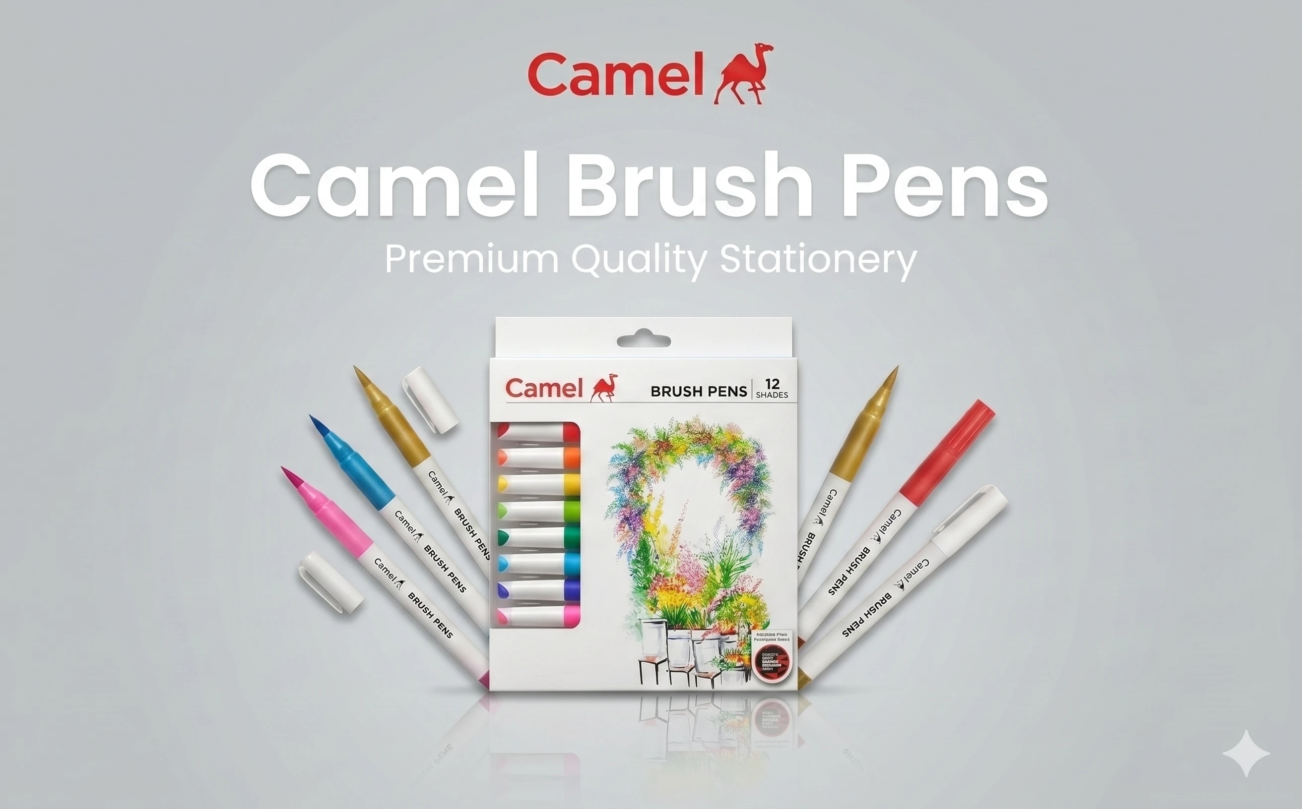 Camel Professional Brush Pens – 12 Vivid Shades with Flexible Fiber Tips for Calligraphy, Sketching, and Illustration A+ content image