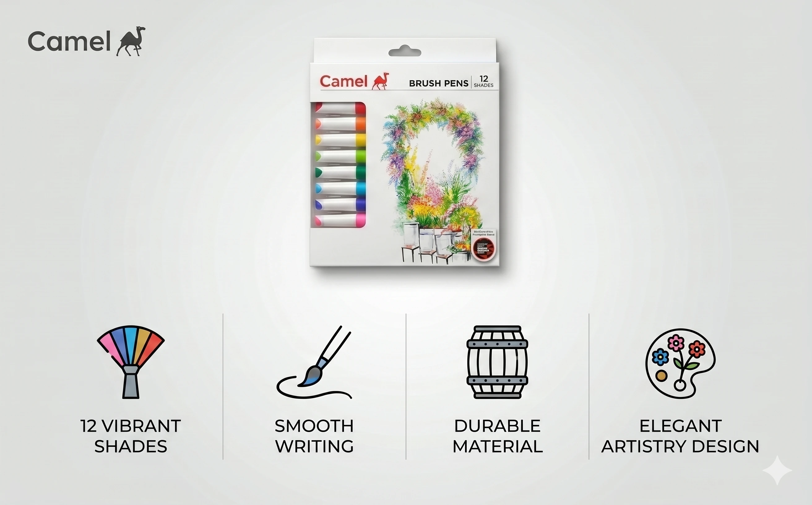 Camel Professional Brush Pens – 12 Vivid Shades with Flexible Fiber Tips for Calligraphy, Sketching, and Illustration A+ content image