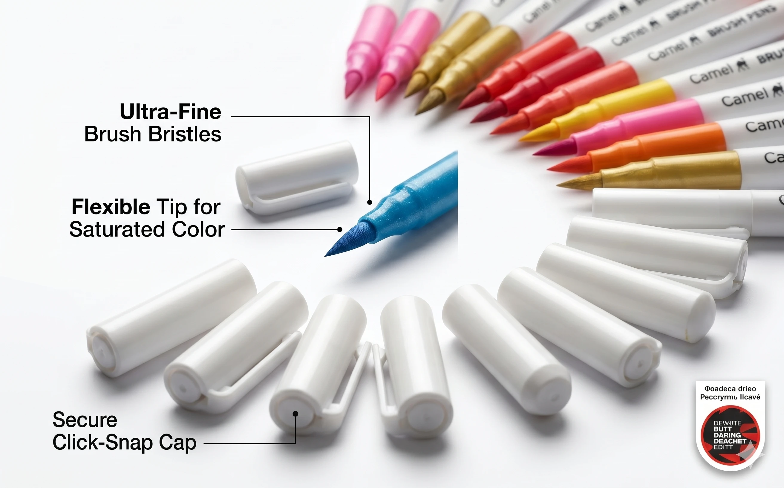Camel Professional Brush Pens – 12 Vivid Shades with Flexible Fiber Tips for Calligraphy, Sketching, and Illustration A+ content image