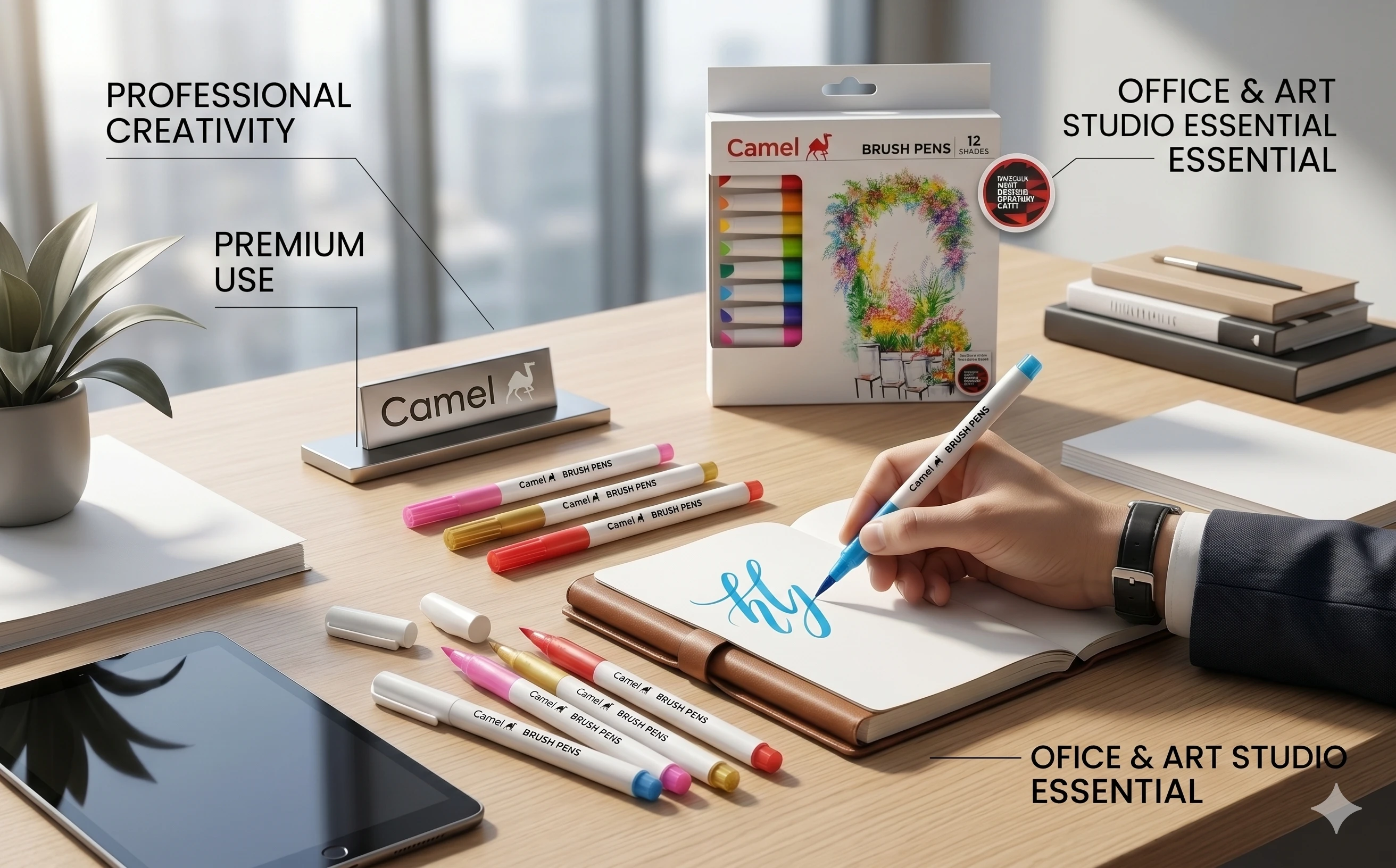 Camel Professional Brush Pens – 12 Vivid Shades with Flexible Fiber Tips for Calligraphy, Sketching, and Illustration A+ content image