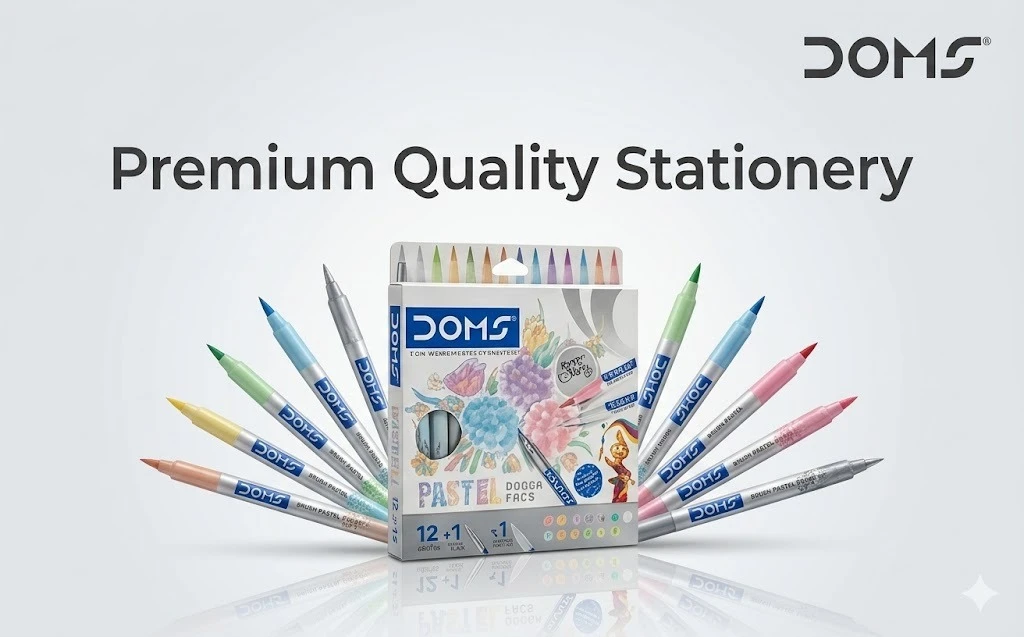 DOMS Pastel Brush Pens – 14-Piece Premium Set with 12 Subtle Shades, 1 Silver Ink Pen, and 1 Blender for Professional Art A+ content image