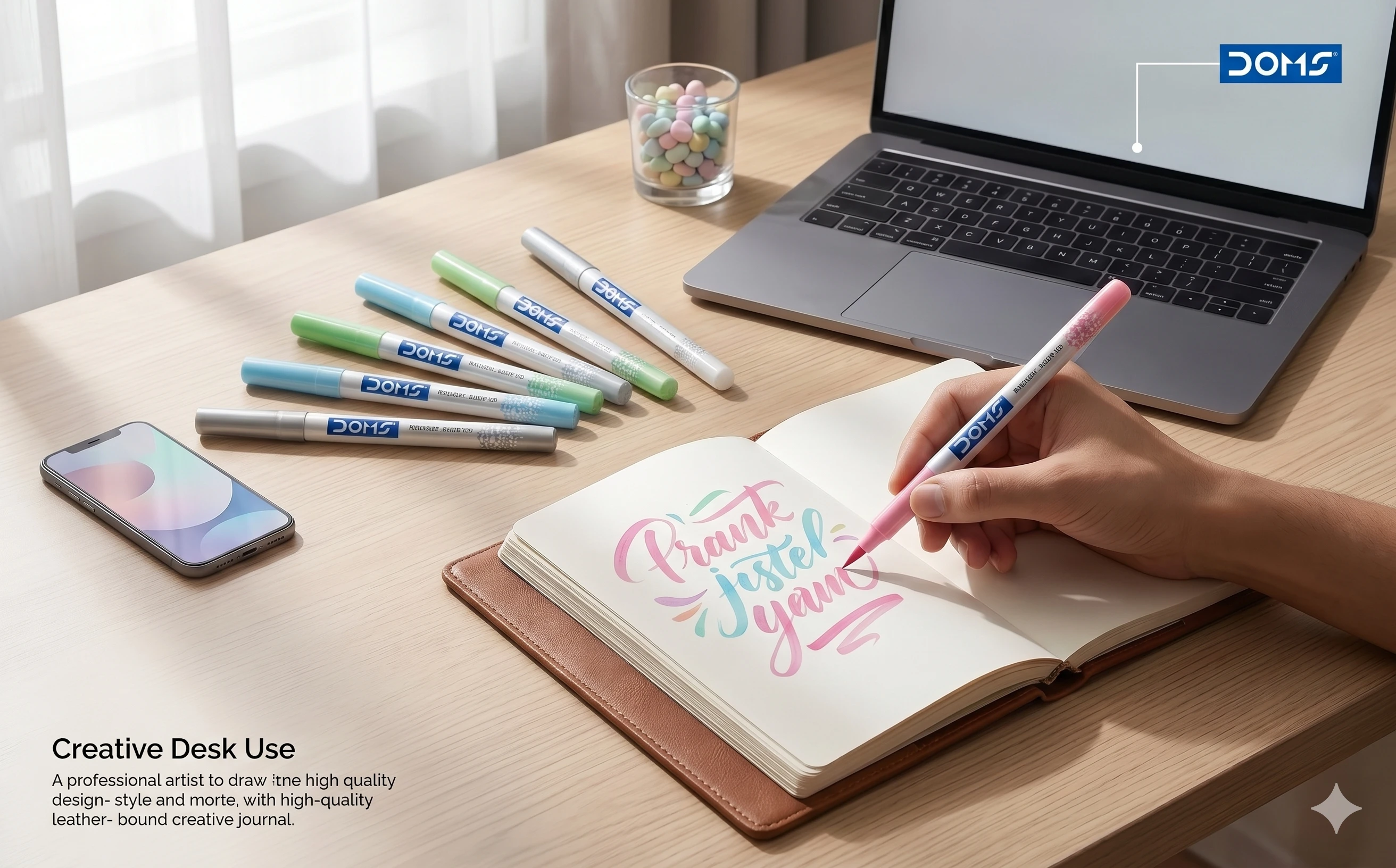 DOMS Pastel Brush Pens – 14-Piece Premium Set with 12 Subtle Shades, 1 Silver Ink Pen, and 1 Blender for Professional Art A+ content image