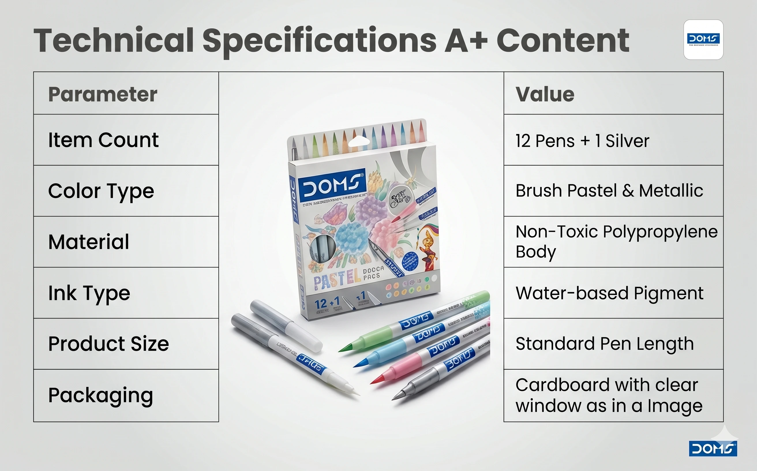 DOMS Pastel Brush Pens – 14-Piece Premium Set with 12 Subtle Shades, 1 Silver Ink Pen, and 1 Blender for Professional Art A+ content image