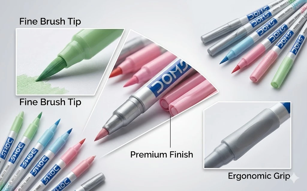 DOMS Pastel Brush Pens – 14-Piece Premium Set with 12 Subtle Shades, 1 Silver Ink Pen, and 1 Blender for Professional Art A+ content image