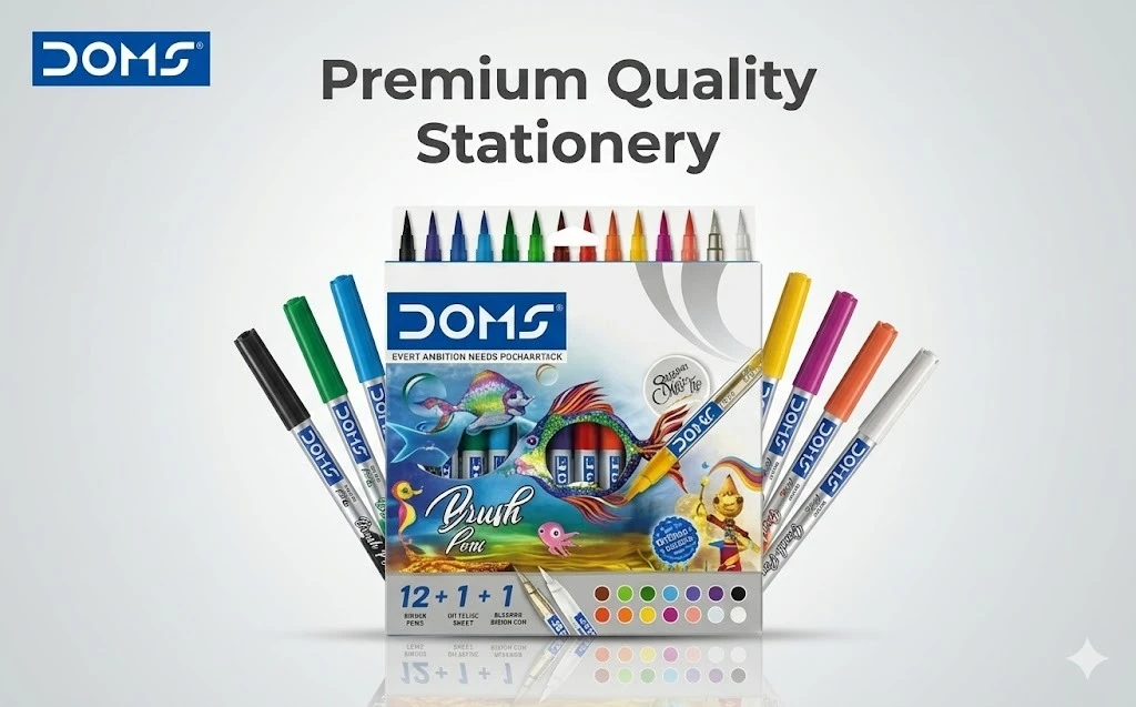 DOMS Professional Brush Pens – 14-Piece Set with 12 Vibrant Colors, Metallic Gold, and Silver for Calligraphy & Design A+ content image