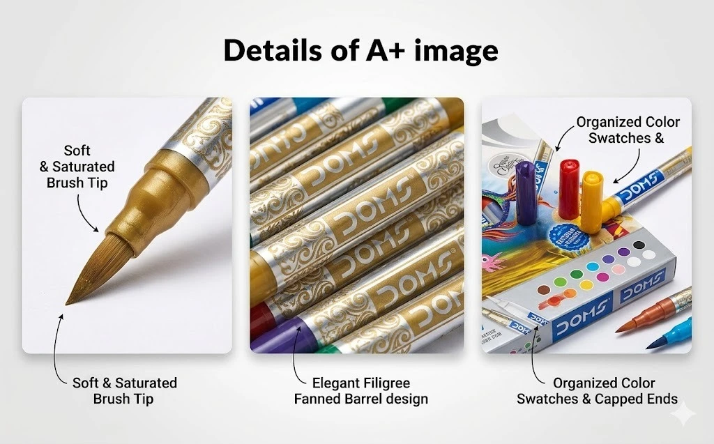 DOMS Professional Brush Pens – 14-Piece Set with 12 Vibrant Colors, Metallic Gold, and Silver for Calligraphy & Design A+ content image