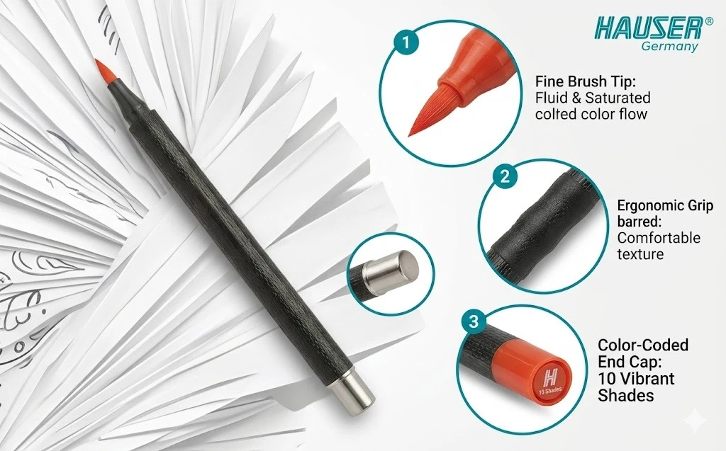 Hauser Artz Fine Brush Pens – 10-Piece Professional Set with Flexible Tips for Calligraphy, Sketching, and Design A+ content image