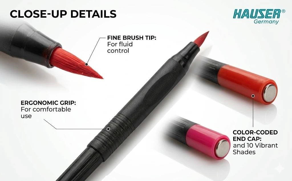 Hauser Artz Fine Brush Pens – 10-Piece Professional Set with Flexible Tips for Calligraphy, Sketching, and Design A+ content image