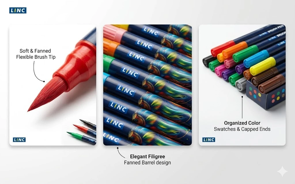 LINC Professional Brush Pens – 15-Piece Multi-Color Set with Flexible Fiber Tips for Calligraphy, Sketching & Design A+ content image