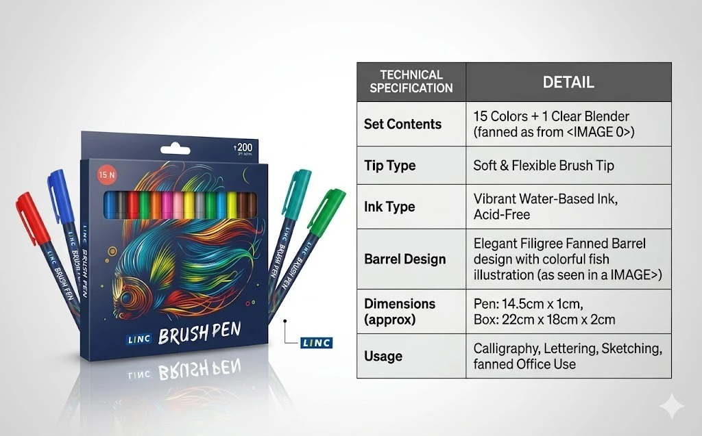 LINC Professional Brush Pens – 15-Piece Multi-Color Set with Flexible Fiber Tips for Calligraphy, Sketching & Design A+ content image