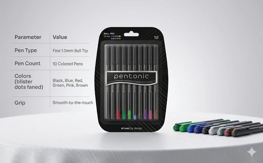 Pentonic 10-Piece Multi-Color Ball Pen Set – Premium 1.0 mm Bold Tip Markers for Professional Writing & Creative Coding A+ content image