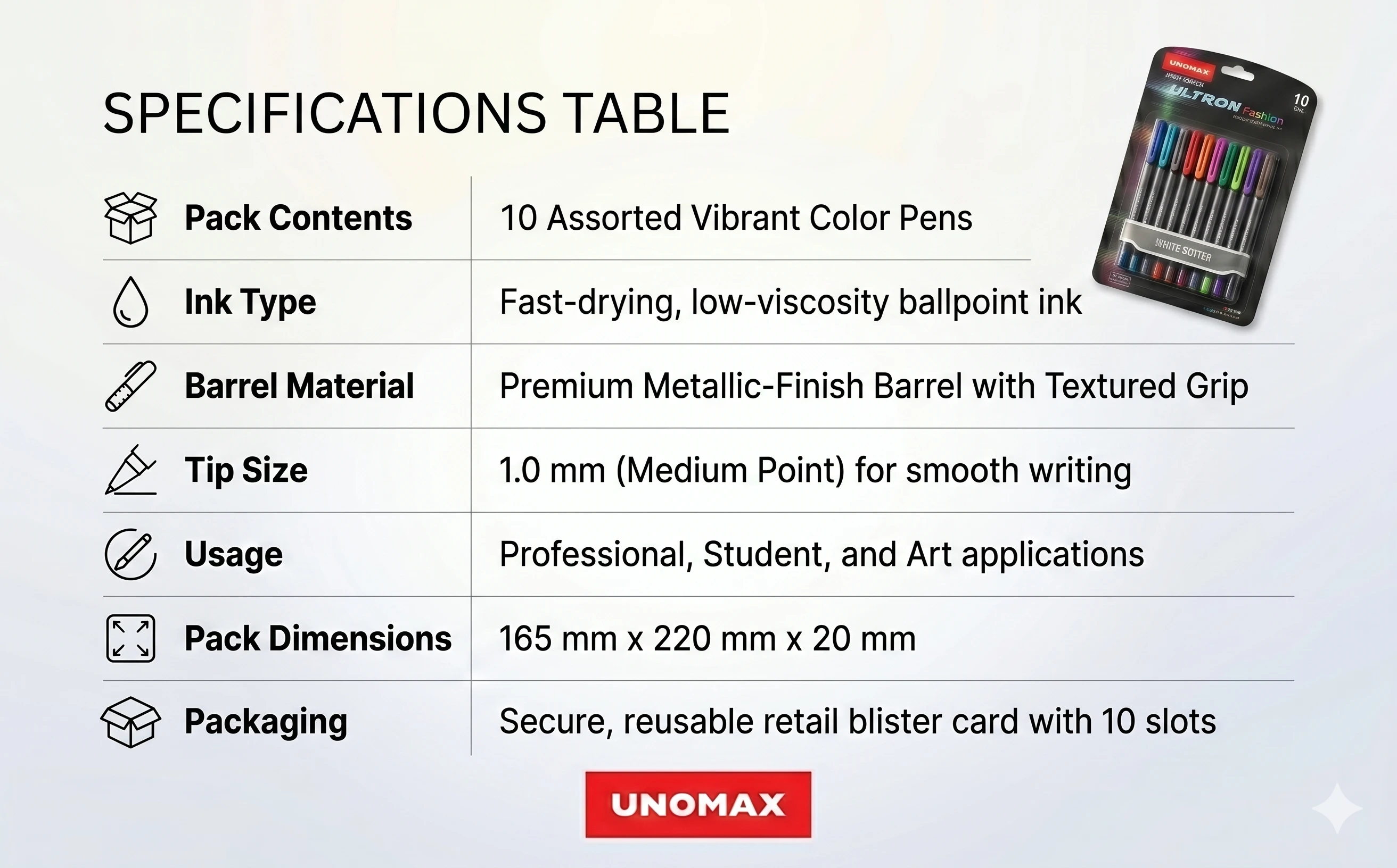 Unomax Ultron Fashion Liquid Ballpoint Pens – 10-Piece Premium Multi-Color Set, 1.0mm Bold Tip for Professional Writing A+ content image
