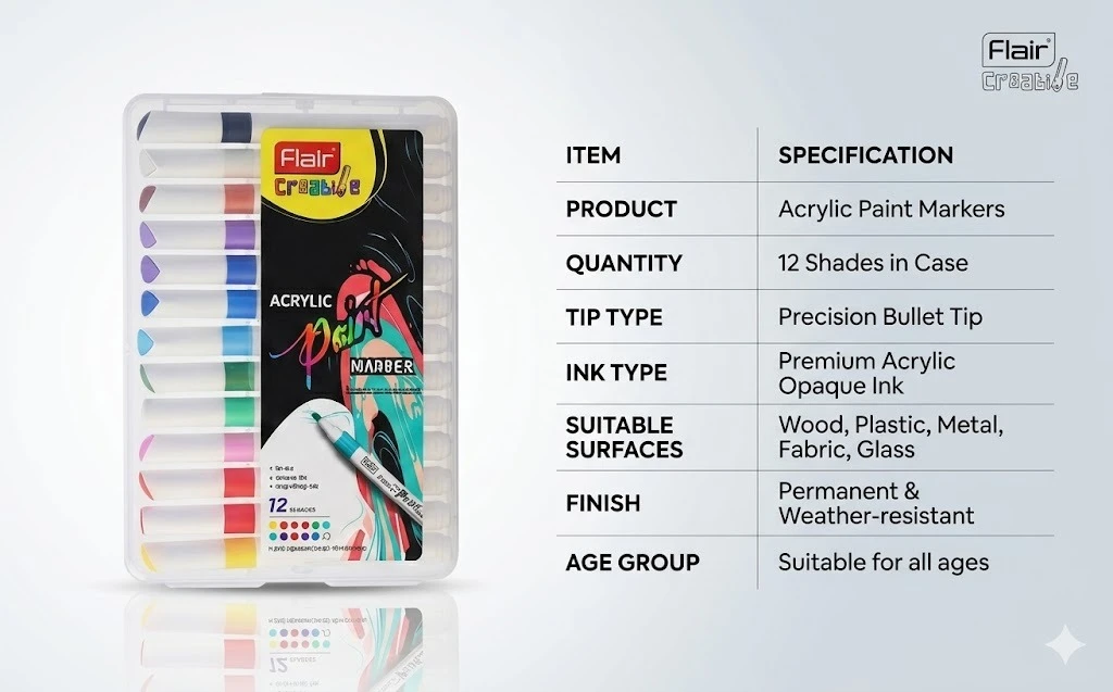 Flair Creative Acrylic Paint Markers | 12 Vibrant Shades Set for Multi-Pattern Lines, Professional Art & DIY Journaling A+ content image