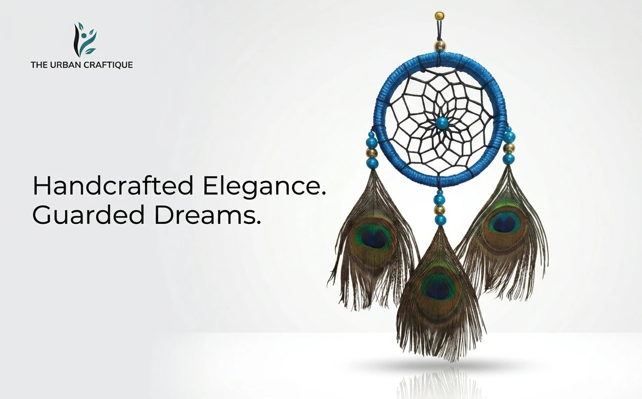 THE URBAN CRAFTIQUE Peacock Feather Dream Catcher Wall Hanging for Bedroom Living Room Balcony | Handmade Natural Feather Wall Decor | Positive Energy Dreamcatcher Home Decoration Boho Wall Hanging A+ content image