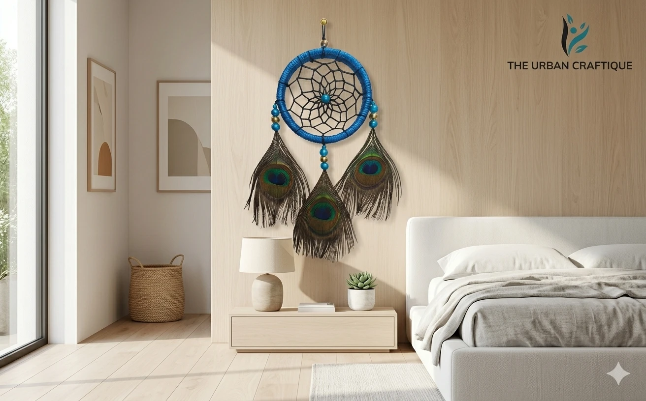 THE URBAN CRAFTIQUE Peacock Feather Dream Catcher Wall Hanging for Bedroom Living Room Balcony | Handmade Natural Feather Wall Decor | Positive Energy Dreamcatcher Home Decoration Boho Wall Hanging A+ content image