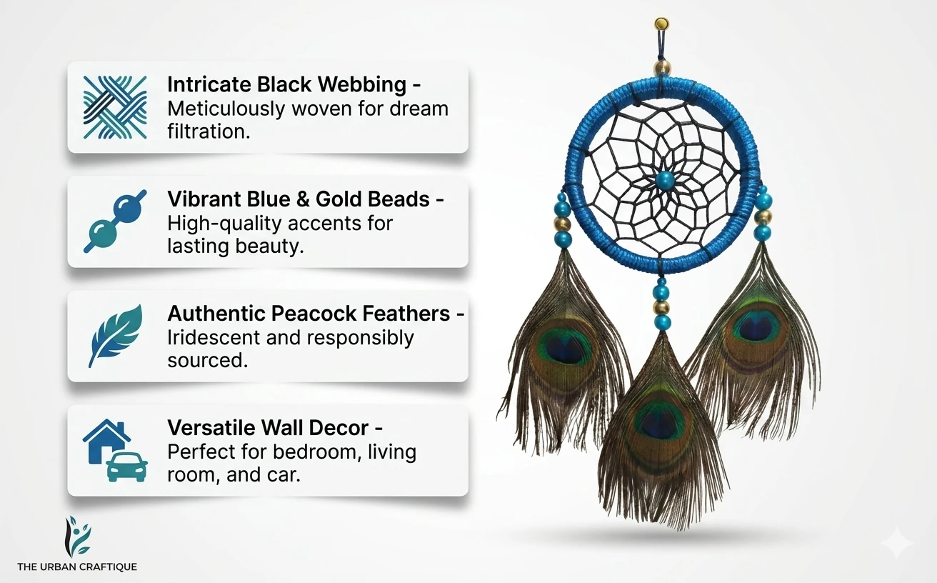 THE URBAN CRAFTIQUE Peacock Feather Dream Catcher Wall Hanging for Bedroom Living Room Balcony | Handmade Natural Feather Wall Decor | Positive Energy Dreamcatcher Home Decoration Boho Wall Hanging A+ content image