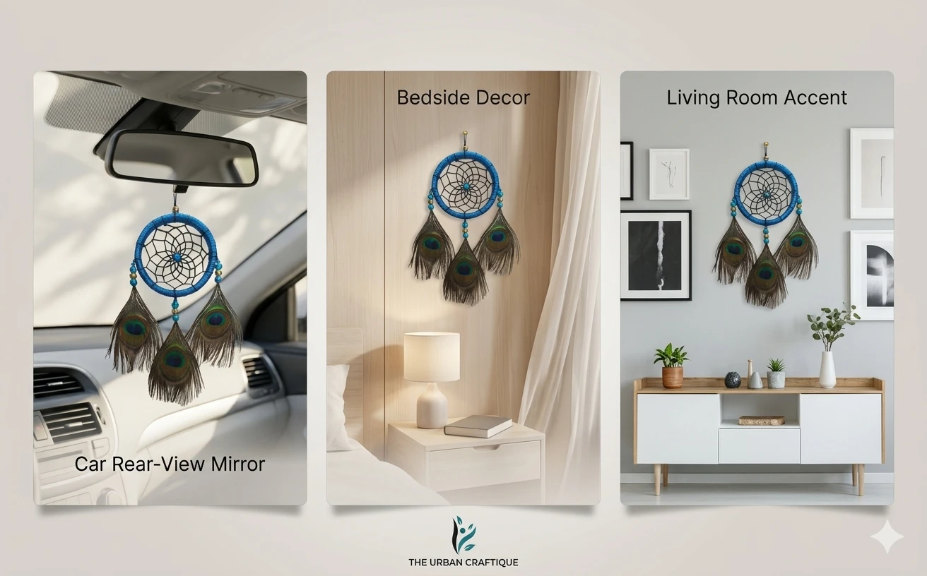 THE URBAN CRAFTIQUE Peacock Feather Dream Catcher Wall Hanging for Bedroom Living Room Balcony | Handmade Natural Feather Wall Decor | Positive Energy Dreamcatcher Home Decoration Boho Wall Hanging A+ content image