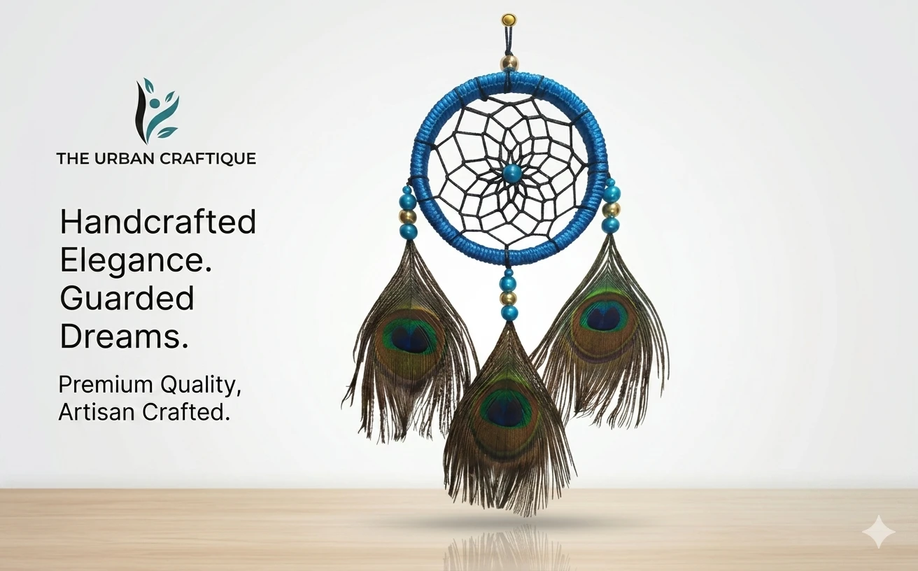 THE URBAN CRAFTIQUE Peacock Feather Dream Catcher Wall Hanging for Bedroom Living Room Balcony | Handmade Natural Feather Wall Decor | Positive Energy Dreamcatcher Home Decoration Boho Wall Hanging A+ content image