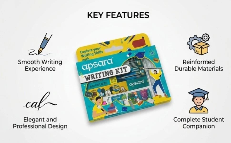 Apsara Writing Kit – Premium All-in-One Stationery Set with Absolute Extra Dark Pencils, Non-Dust Erasers, and Long Point Sharpeners A+ content image