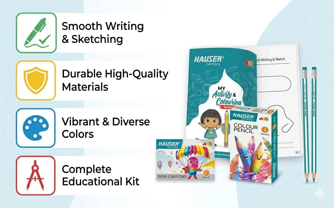 Hauser Art Venture Kit – Deluxe Creative Stationery Set with 12 Color Pencils, Wax Crayons, and Precision Drafting Tools A+ content image