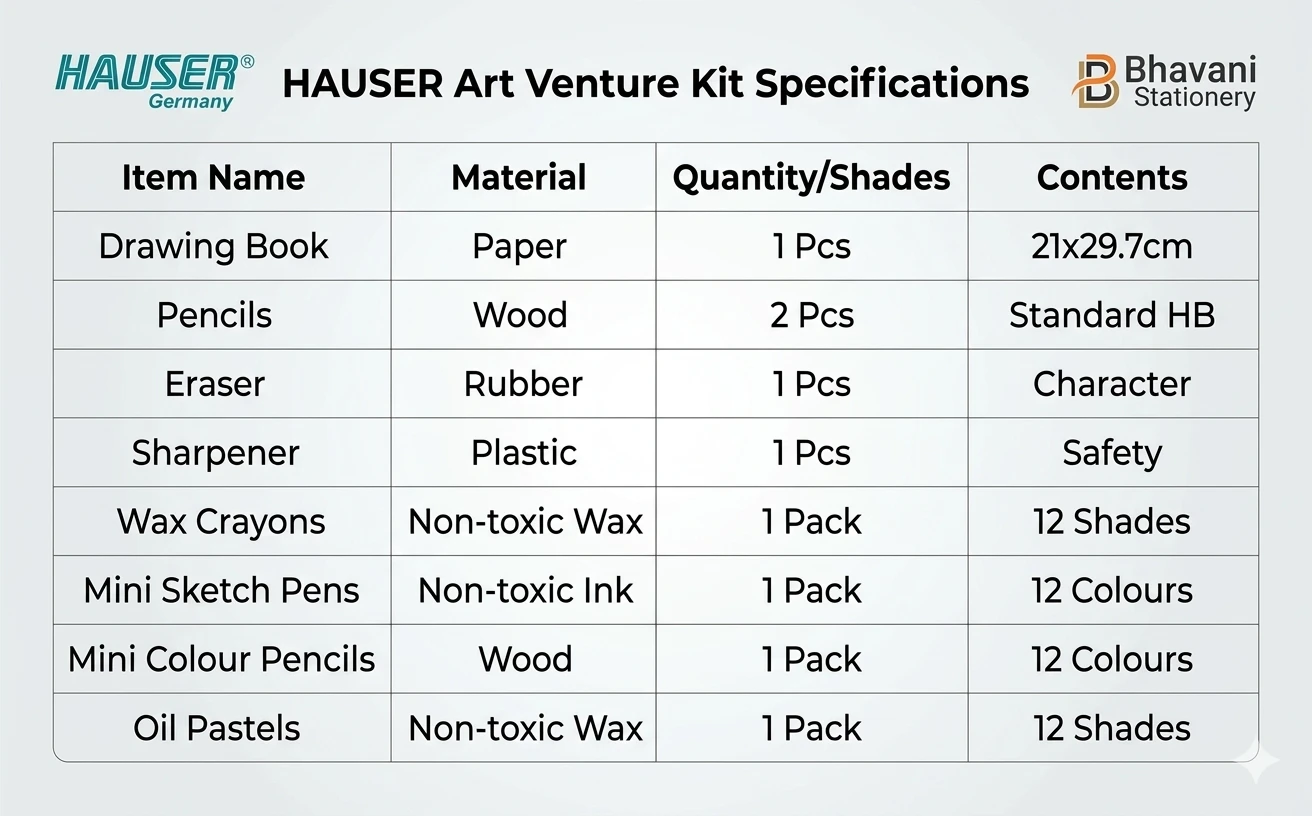 Hauser Art Venture Kit – Deluxe Creative Stationery Set with 12 Color Pencils, Wax Crayons, and Precision Drafting Tools A+ content image