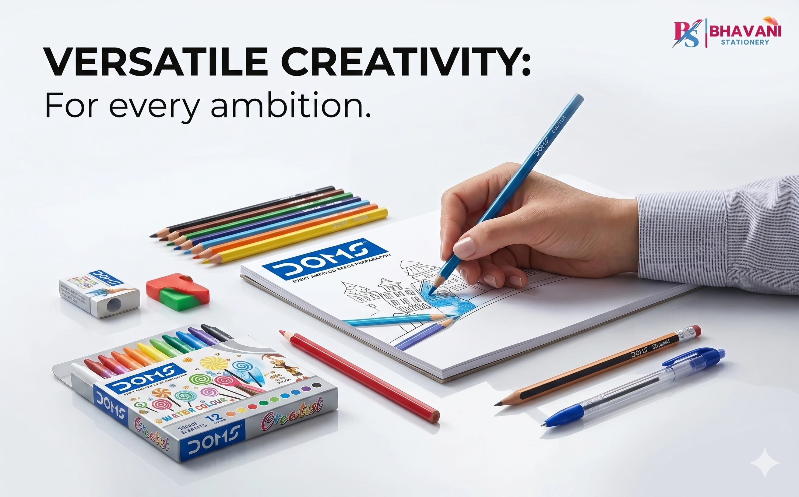 DOMS Creatist Kit – Ultimate Premium Art & Stationery Set with Water Color Pens, Oil Pastels, Wax Crayons, and Precision Accessories A+ content image