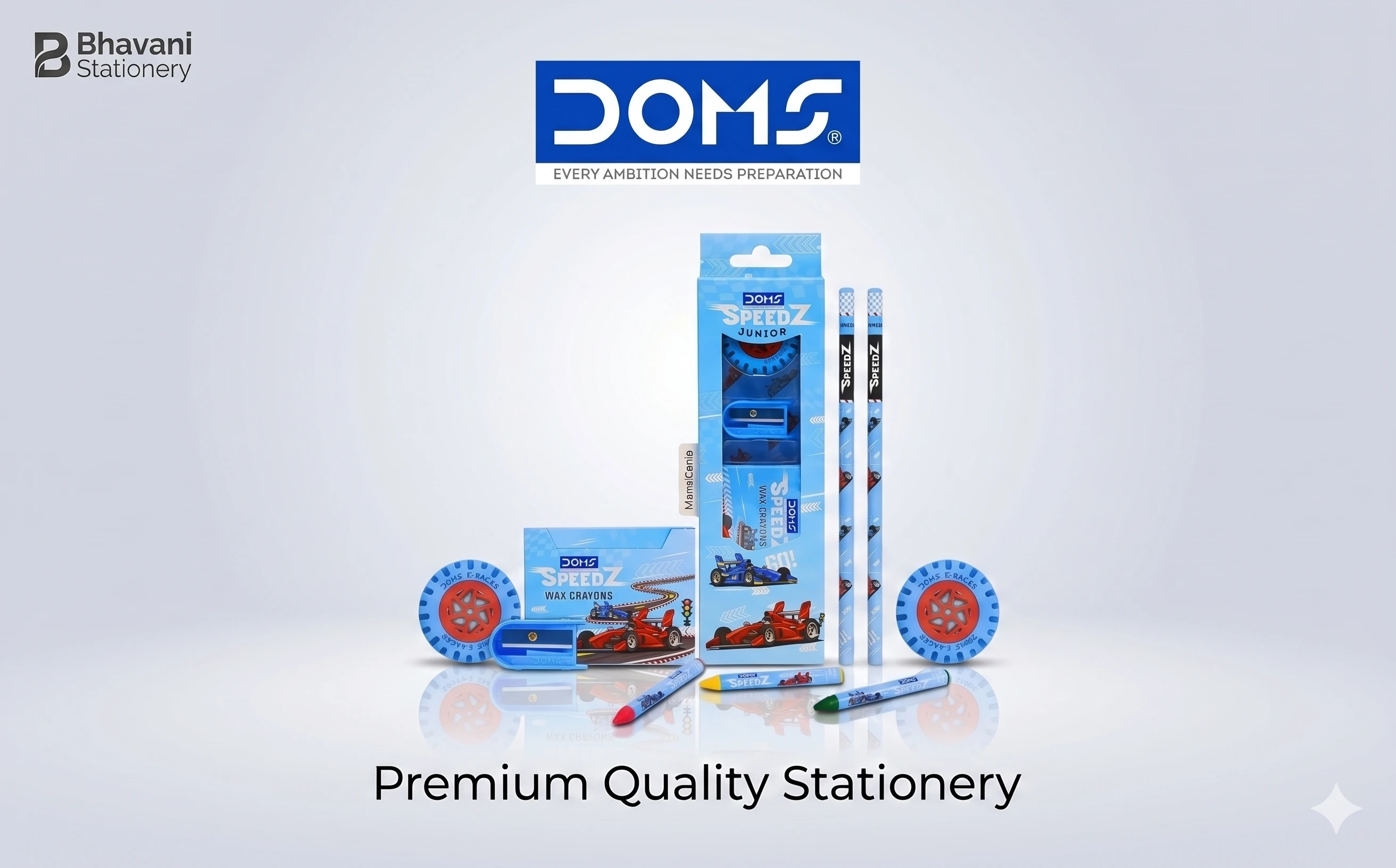 DOMS Speedz Junior Stationery Kit – Premium Racing Edition Art Set with Wax Crayons, Pencils, and Eraser for Students A+ content image
