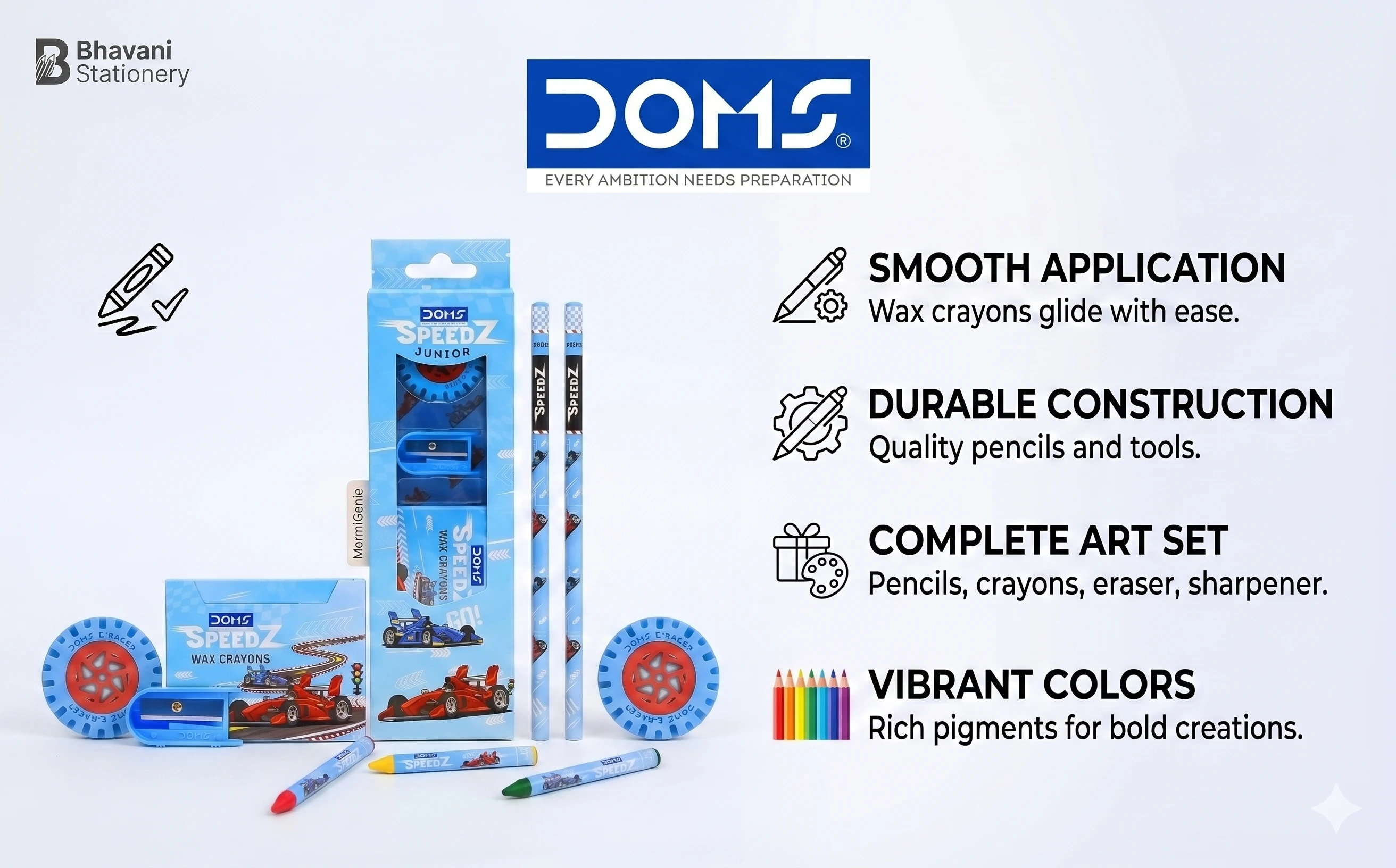DOMS Speedz Junior Stationery Kit – Premium Racing Edition Art Set with Wax Crayons, Pencils, and Eraser for Students A+ content image