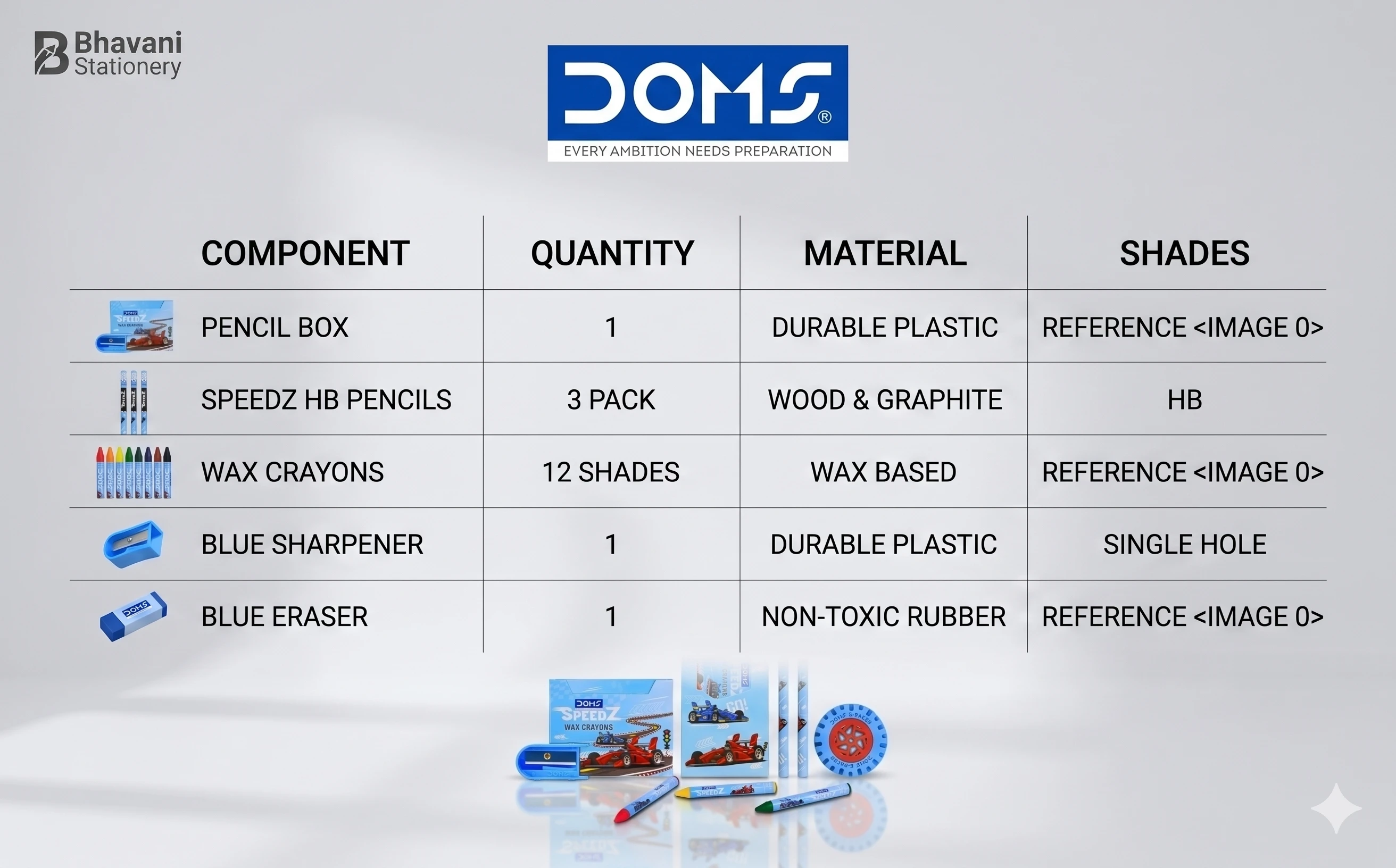 DOMS Speedz Junior Stationery Kit – Premium Racing Edition Art Set with Wax Crayons, Pencils, and Eraser for Students A+ content image