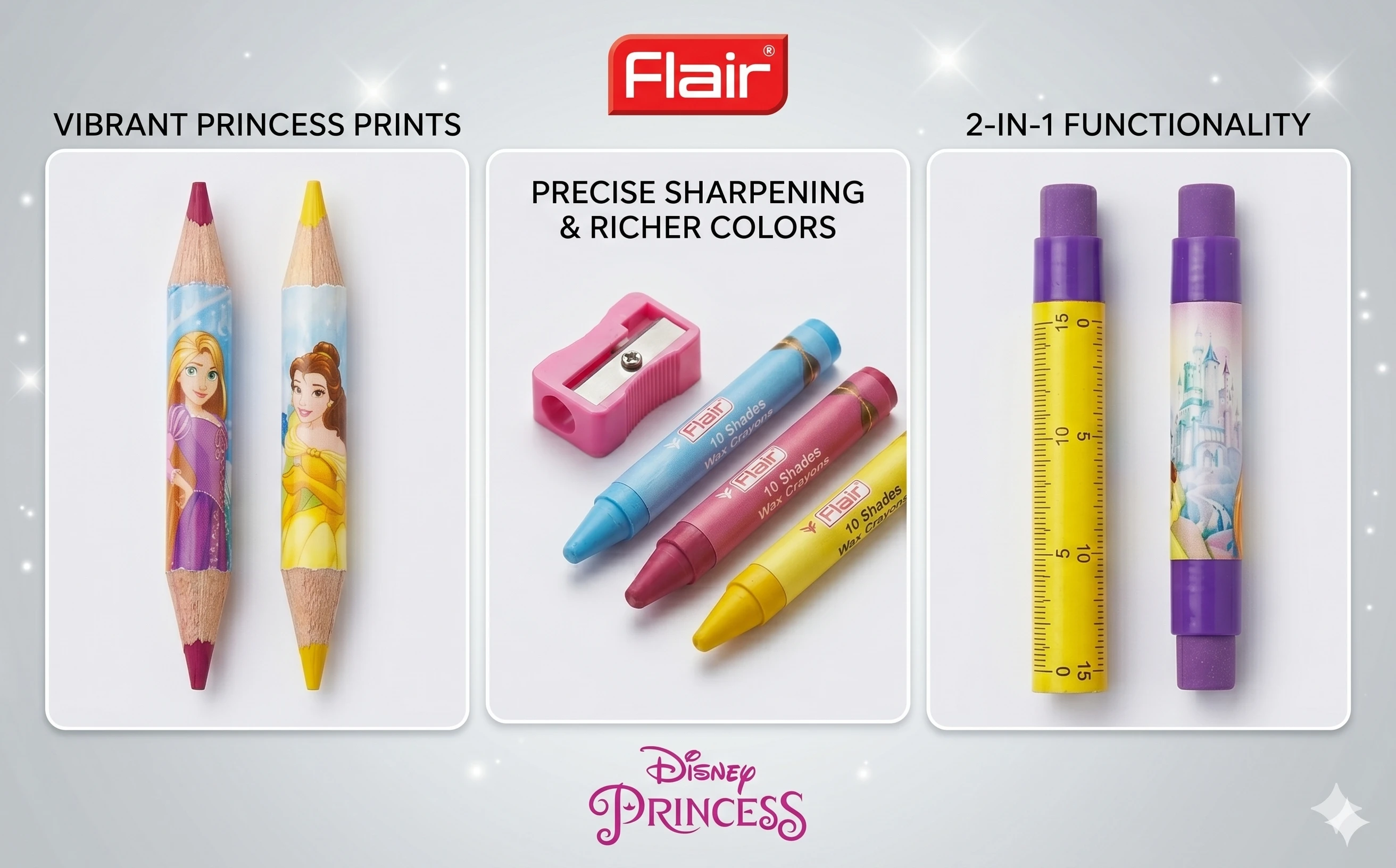 Flair Disney Princess Creative Art & Stationery Kit for Kids – 30-Piece Comprehensive School Supplies Set with Pencils, Crayons, and Accessories A+ content image