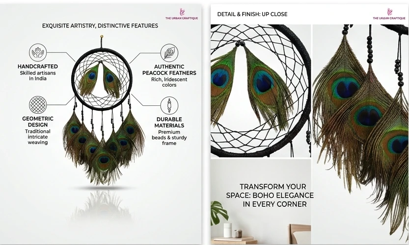 THE URBANCRAFTIQUE Peacock Feather Dream Catcher Wall Hanging – Handmade Home Décor A+ content image