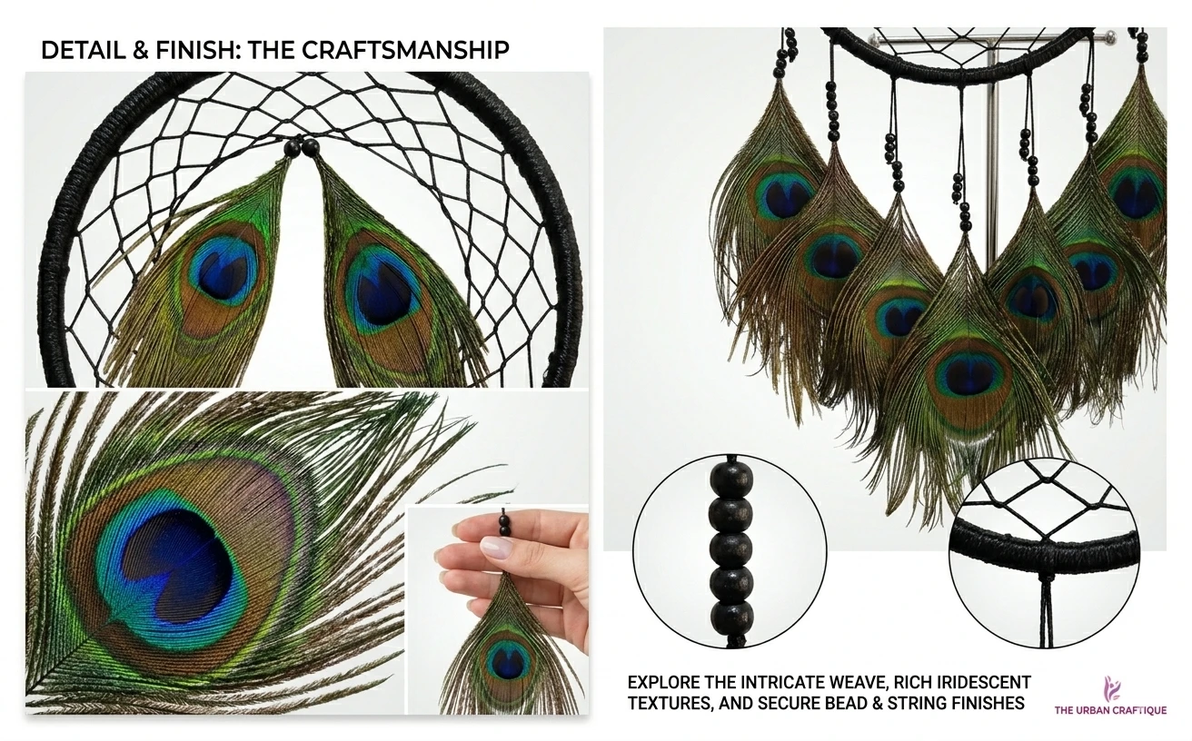 THE URBANCRAFTIQUE Peacock Feather Dream Catcher Wall Hanging – Handmade Home Décor A+ content image